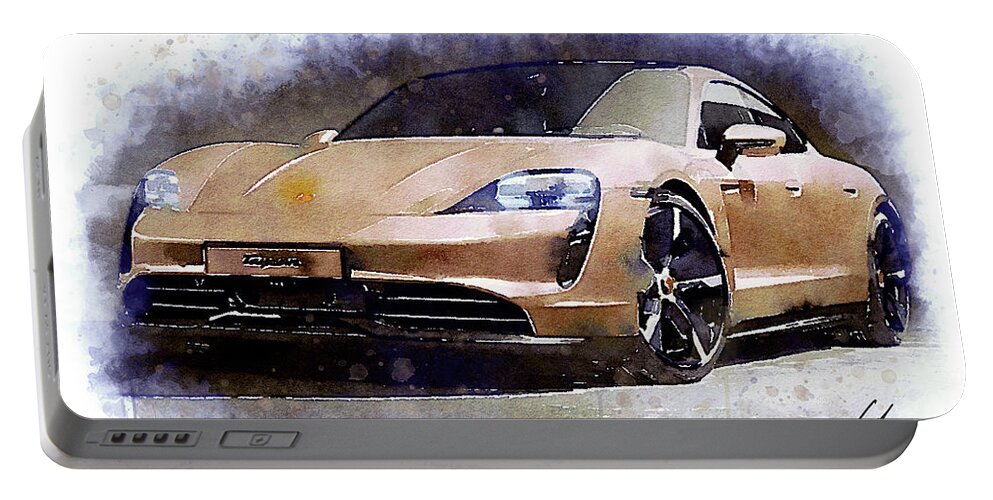 Watercolor Portable Battery Charger featuring the painting Watercolor Porsche Taycan - oryginal artwork by Vart. by Vart Studio