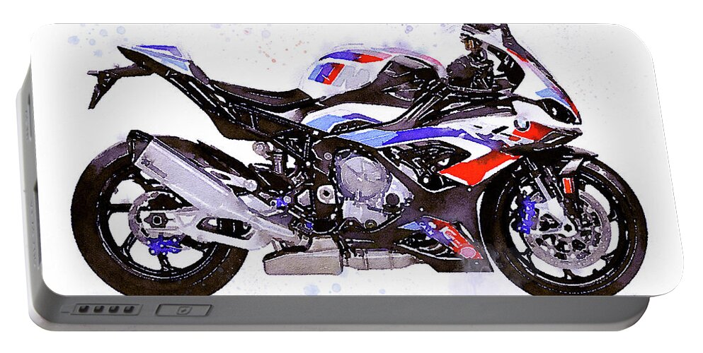 Sport Portable Battery Charger featuring the painting Watercolor Sport Motorcycle BMW S1000RR - original artwork by Vart. by Vart Studio