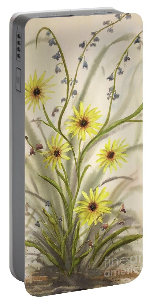 Flower Portable Battery Charger featuring the painting Wild Daisies and Blue Bells by Catherine Ludwig Donleycott