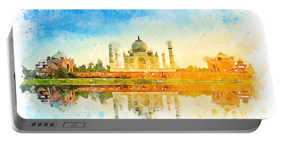 Watercolor Portable Battery Charger featuring the painting Watercolor Tajmahal, India by Vart by Vart Studio