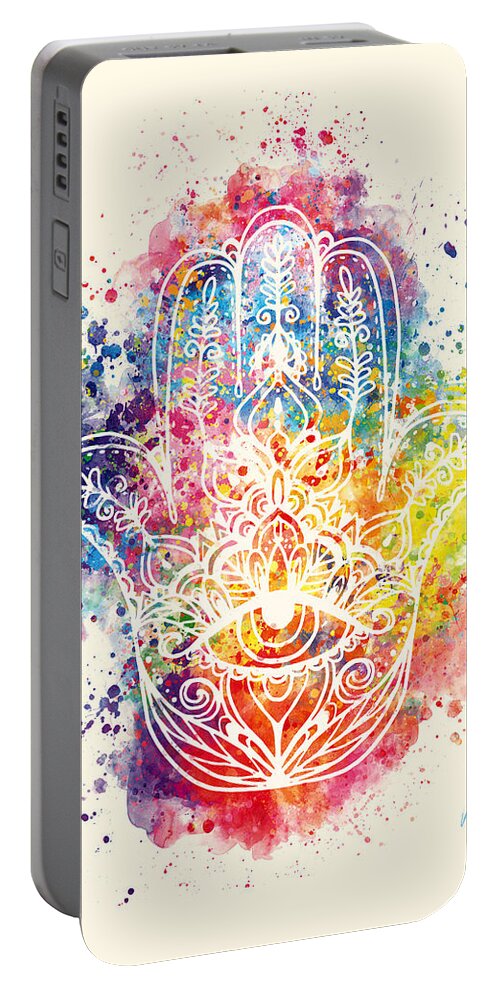 Watercolor Portable Battery Charger featuring the painting Watercolor - The Hamsa by Vart by Vart Studio