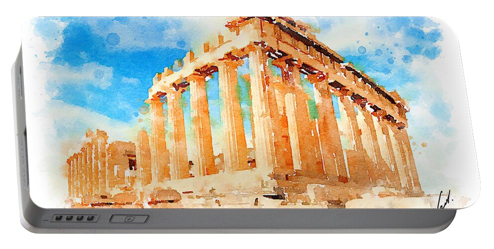 Vart Portable Battery Charger featuring the painting Watercolor. The Parthenon, Greece by Vart by Vart