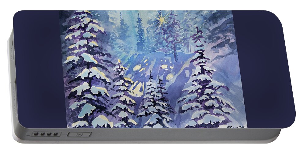 Winter Portable Battery Charger featuring the painting Watercolor - Winter Snowy Forest with Sunburst by Cascade Colors