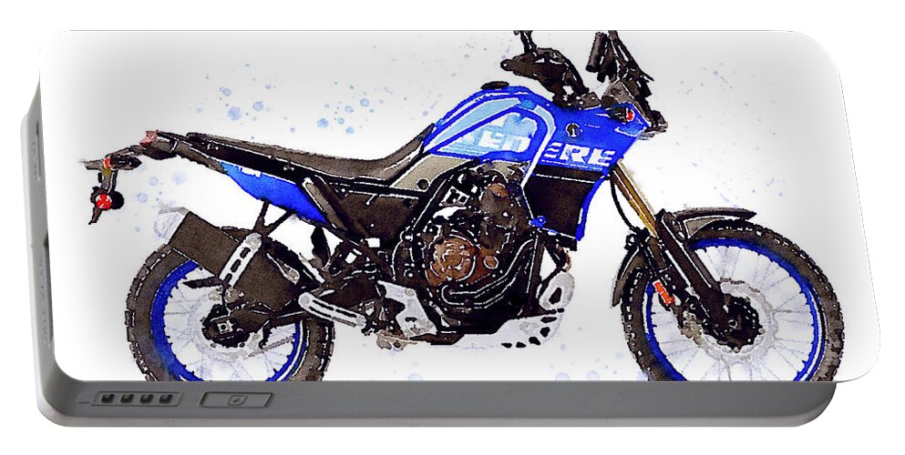 Adventure Portable Battery Charger featuring the painting Watercolor Yamaha Tenere 700 blue motorcycle - oryginal artwork by Vart. by Vart Studio