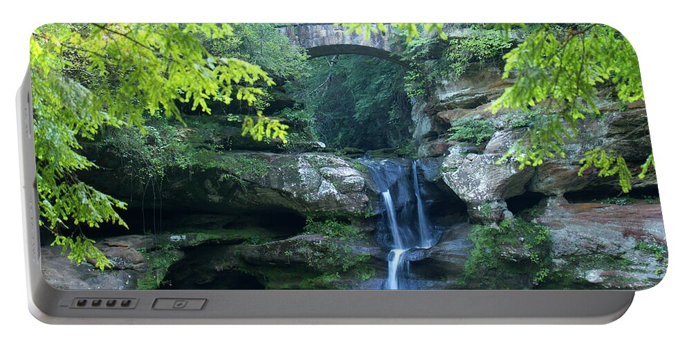 Waterfall Portable Battery Charger featuring the photograph Waterfall at Hocking Hills and Bridge by Flinn Hackett