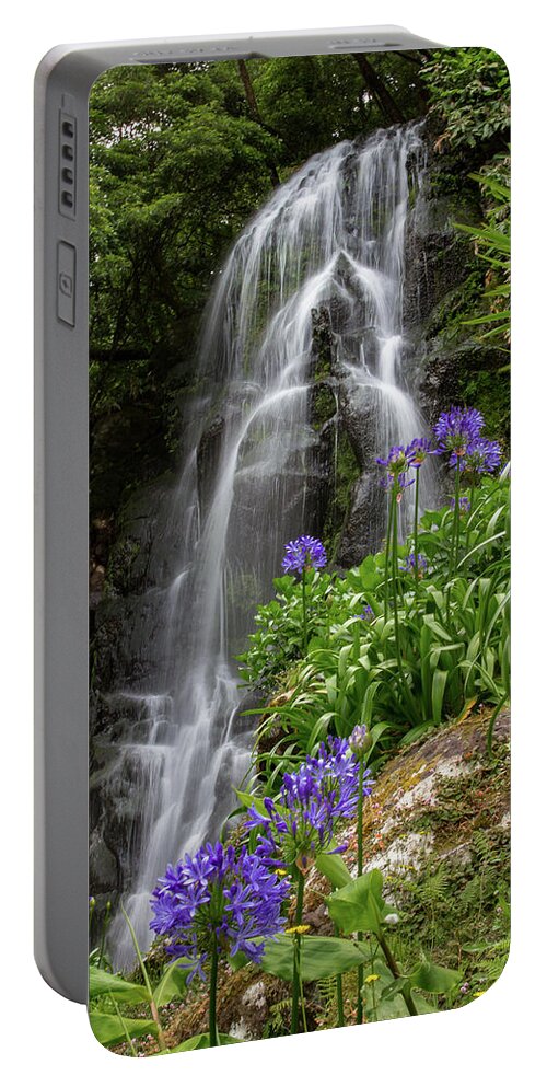 Nordeste Portable Battery Charger featuring the photograph Waterfall with Flowers by Denise Kopko