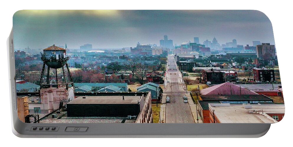 Detroit Portable Battery Charger featuring the photograph Watertower Skyline V2 DJI_0690 by Michael Thomas