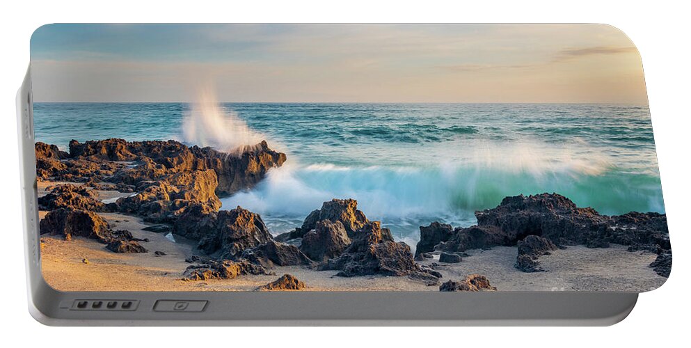 Wave Portable Battery Charger featuring the photograph Wave and Rocks by Tom Claud