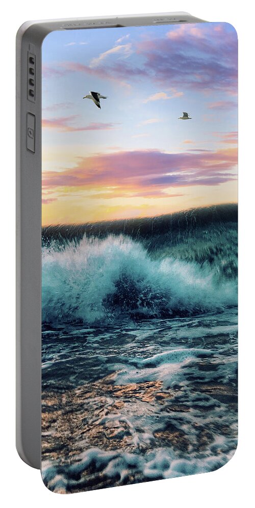 Seagulls Portable Battery Charger featuring the digital art Waves Crashing At Sunset by Phil Perkins