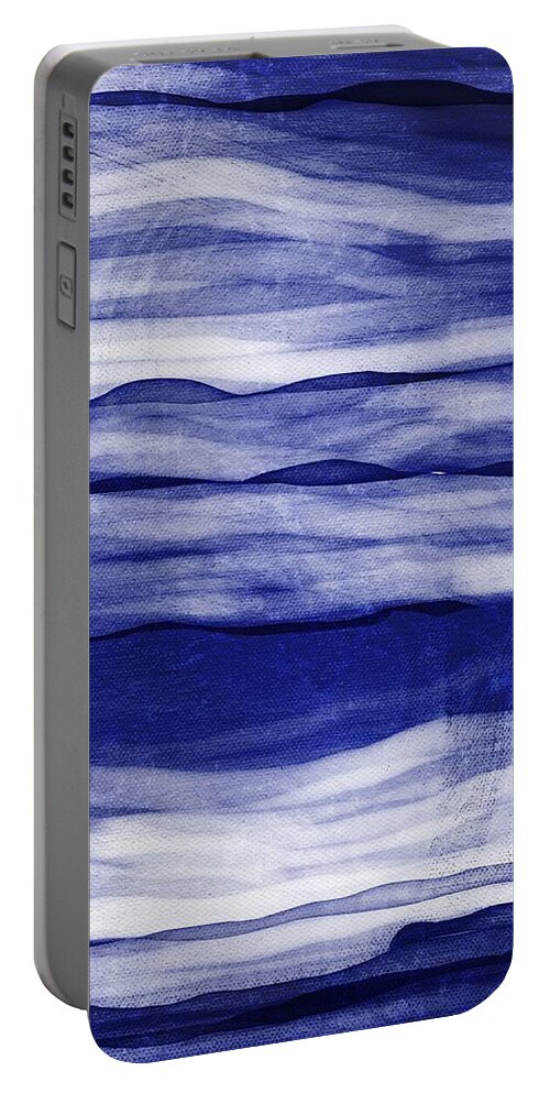 Wavy Portable Battery Charger featuring the painting Wavy Horizons Blue and White Stripes by Itsonlythemoon