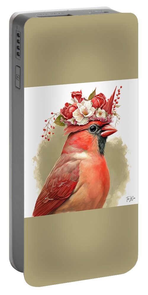 Northern Cardinal Portable Battery Charger featuring the painting Wearing Her Red Rose Crown by Tina LeCour