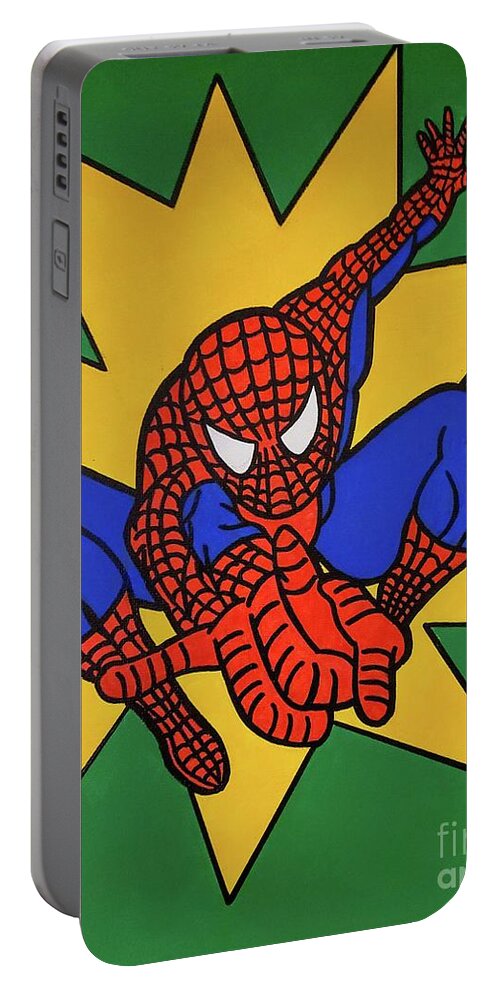 Marvel Portable Battery Charger featuring the painting Web Slinger by Elena Pratt