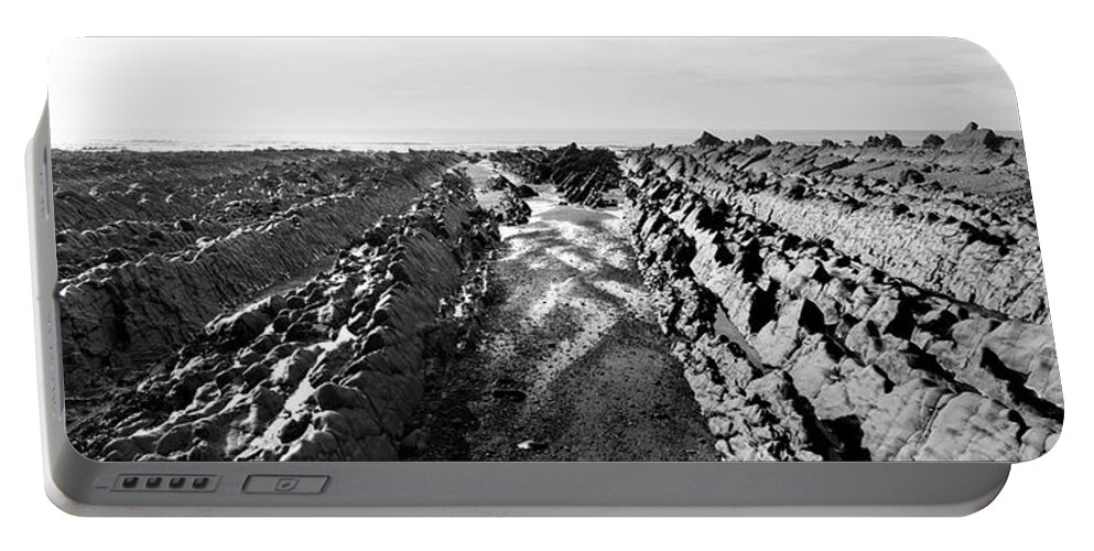 Coast Portable Battery Charger featuring the photograph Welcombe Mouth beach North Devon South West Coast Path black and white 4 by Sonny Ryse