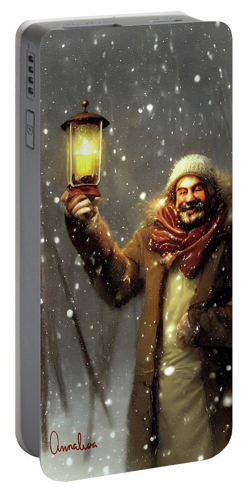Snowstorm Portable Battery Charger featuring the digital art Welcoming Fellow in the Snow #1 by Annalisa Rivera-Franz