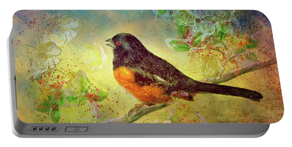 Towhee Portable Battery Charger featuring the digital art Welcoming Spring by Lois Bryan