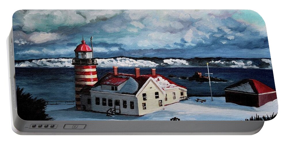 Lighthouse Portable Battery Charger featuring the painting West Quoddy In Winter by Eileen Patten Oliver