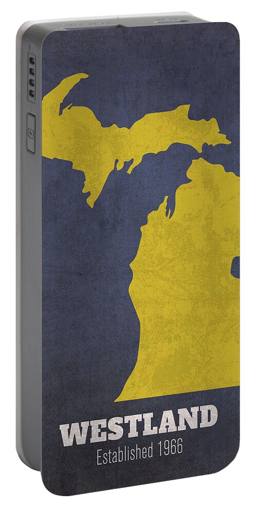 Westland Portable Battery Charger featuring the mixed media Westland Michigan City Map Founded 1966 University of Michigan Color Palette by Design Turnpike