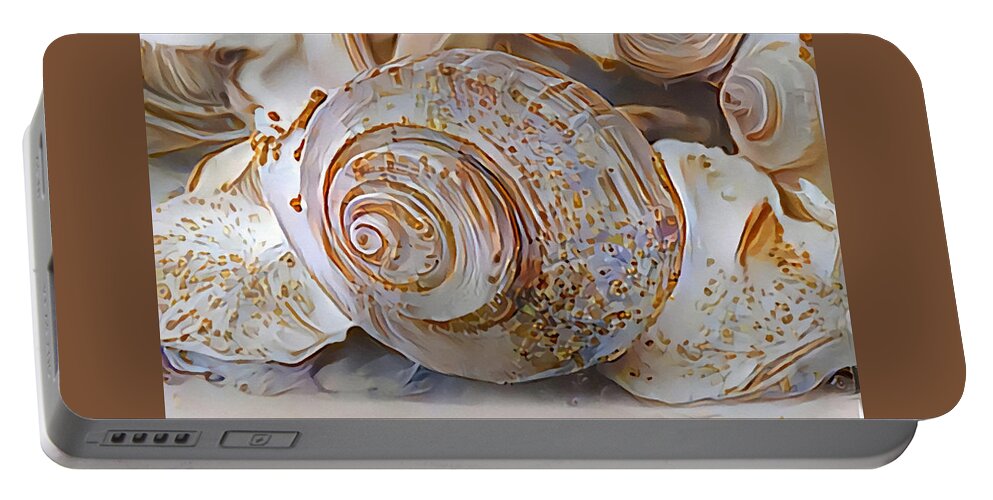 Whelk Portable Battery Charger featuring the mixed media Whelk And Other Seashells On Beach by Sandi OReilly