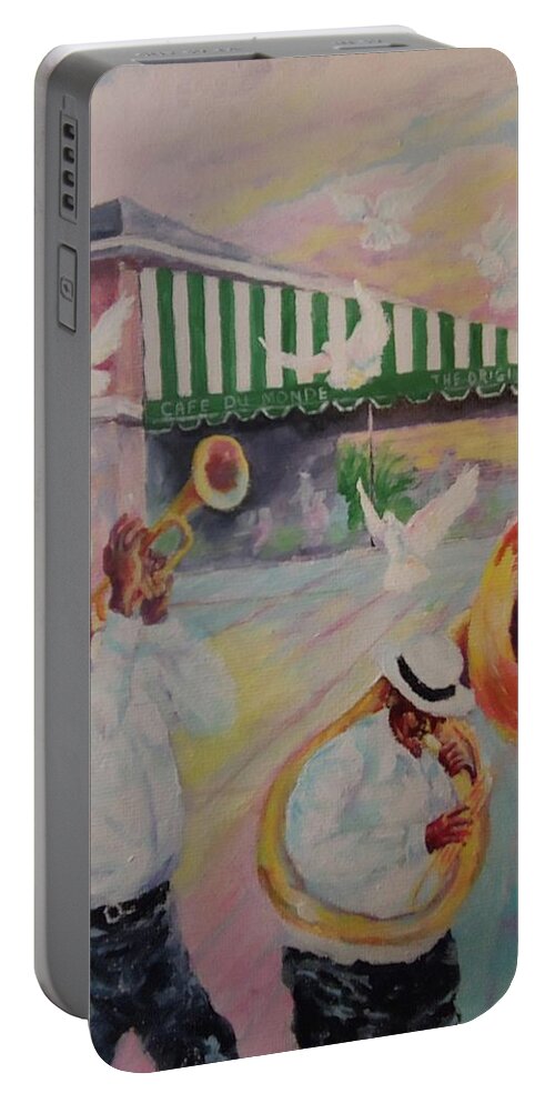 Mardi Gras Portable Battery Charger featuring the painting When the Saints Go Marching In--Cafe Du Monde by ML McCormick