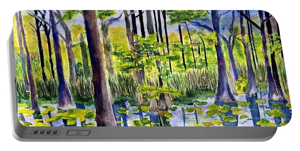 Cypress Dunes Portable Battery Charger featuring the painting Where the Bullfrogs live by Ann Frederick