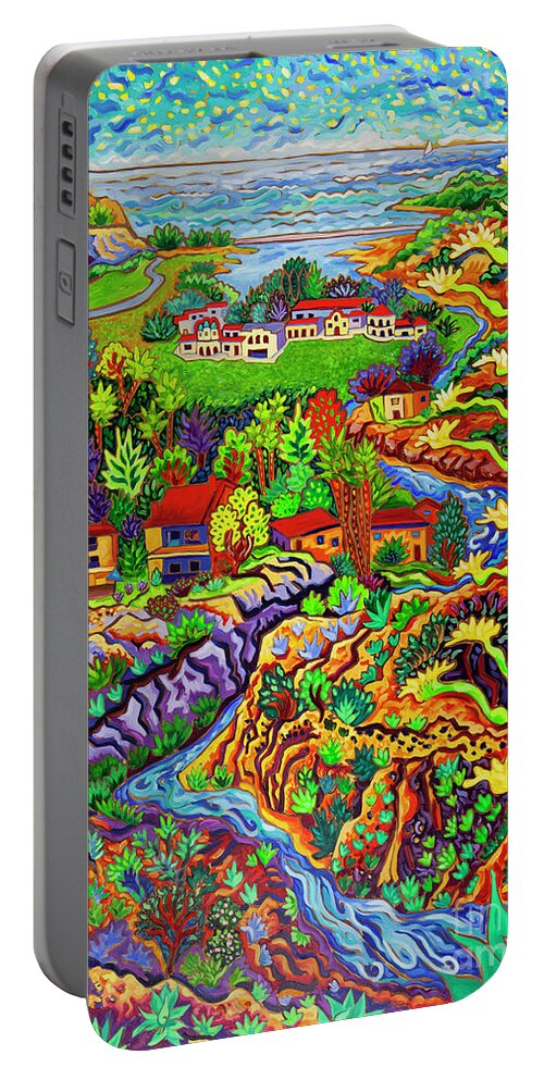 Ocean Portable Battery Charger featuring the painting Where Winter Waters Spill Through La Costa to the Sea by Cathy Carey