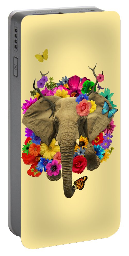 Elephant Portable Battery Charger featuring the digital art Whimsy elephant with flowers by Madame Memento