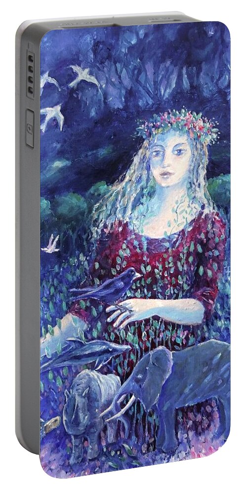 Extinction Portable Battery Charger featuring the painting Whispers from the Future by Trudi Doyle