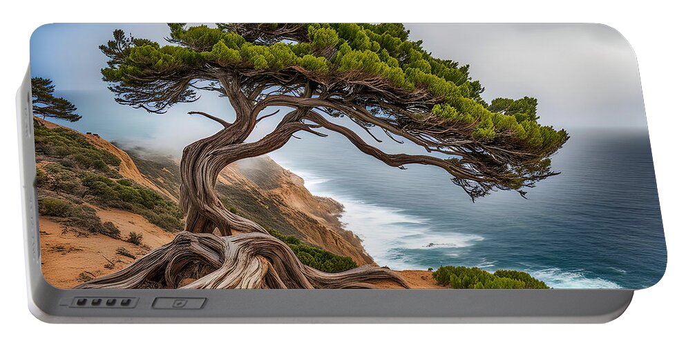 Torrey Pines Portable Battery Charger featuring the photograph Whispers of the Coastal Wind - Solitary Torrey Pines Tree by Russ Harris