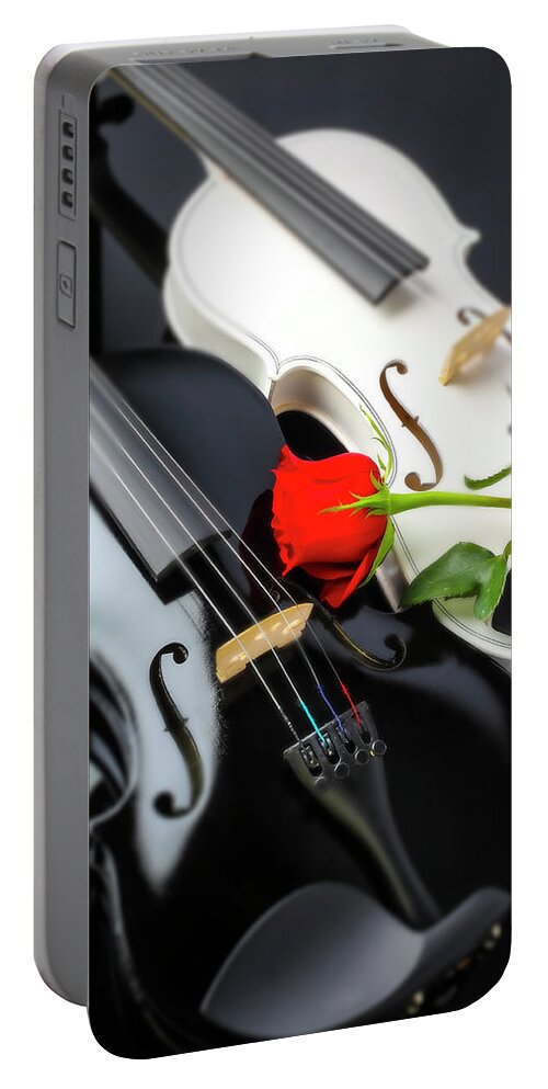 Violin Portable Battery Charger featuring the photograph White And Black Violin With Red Rose by Garry Gay