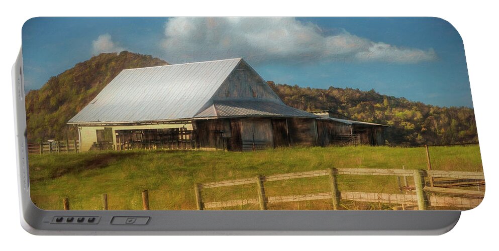 Barns Portable Battery Charger featuring the photograph White Barn in the Countryside Painting by Debra and Dave Vanderlaan
