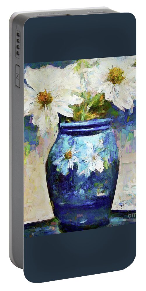 White Daisy Portable Battery Charger featuring the painting White Daises In A Blue Vase by Tina LeCour