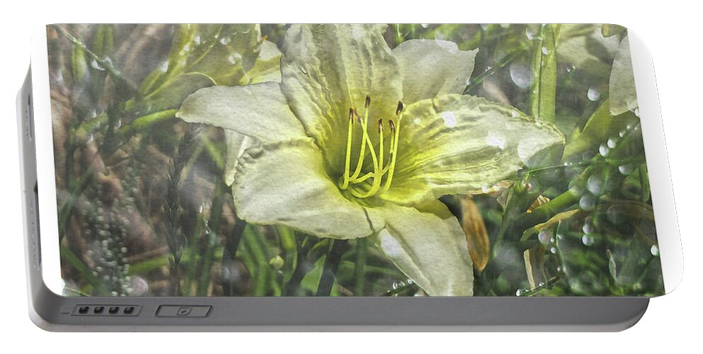 Flower Portable Battery Charger featuring the digital art white flower in Rain by Deb Nakano