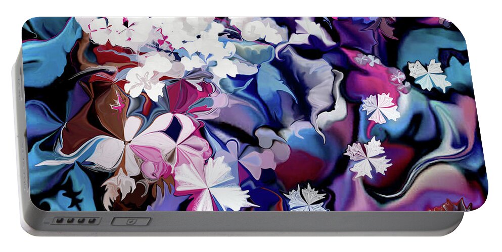 Digital Portable Battery Charger featuring the digital art White Flowers and Blues by Loxi Sibley