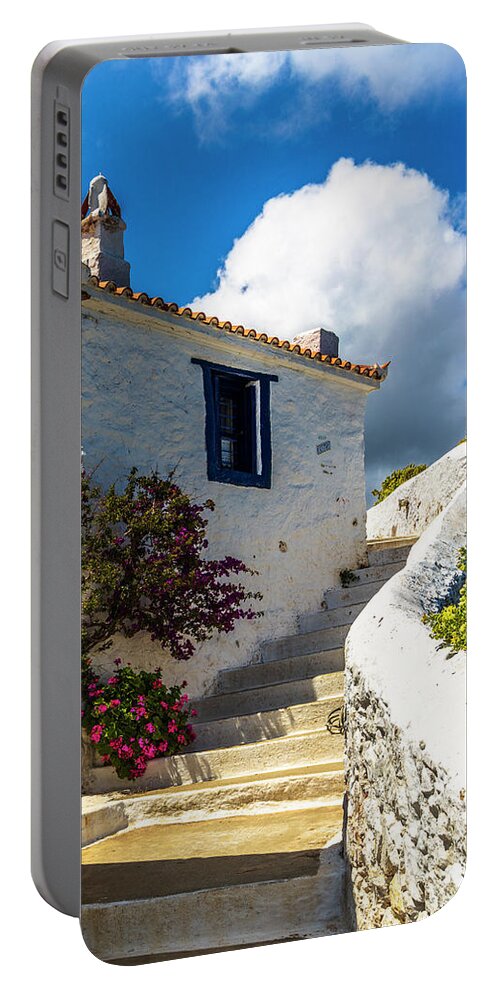 Aegean Sea Portable Battery Charger featuring the photograph White Greek House by Evgeni Dinev