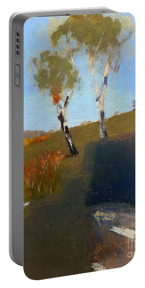 Australian Landscape Art Portable Battery Charger featuring the painting White Gum Trees Painting Australian landscape art Gum tree art Australia painting acrylic landscape modern impressionism small painting tree painting outback painting white gum tree palette knife by N Akkash