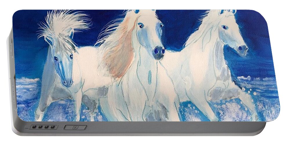 Pets Portable Battery Charger featuring the painting White Horses on Beach by Kathie Camara