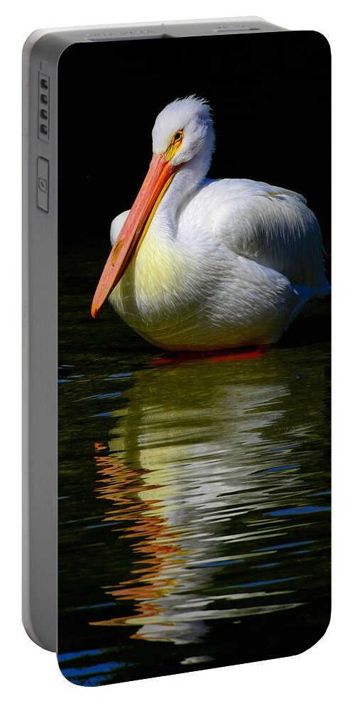 Pelican Portable Battery Charger featuring the photograph White Pelican of the Night by Alison Belsan Horton