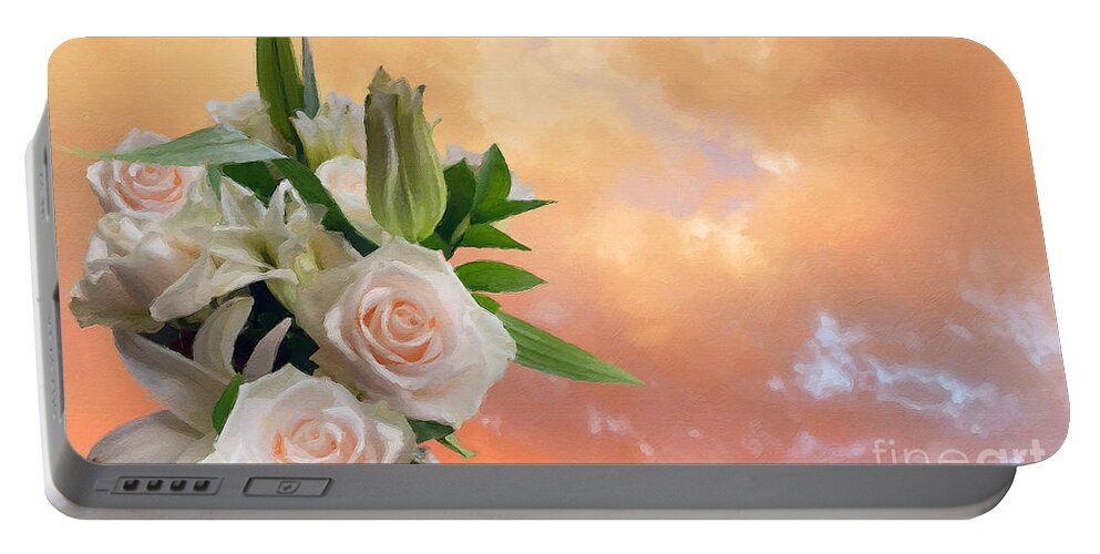 Roses Portable Battery Charger featuring the photograph White Roses Orange Sunset by Brian Watt
