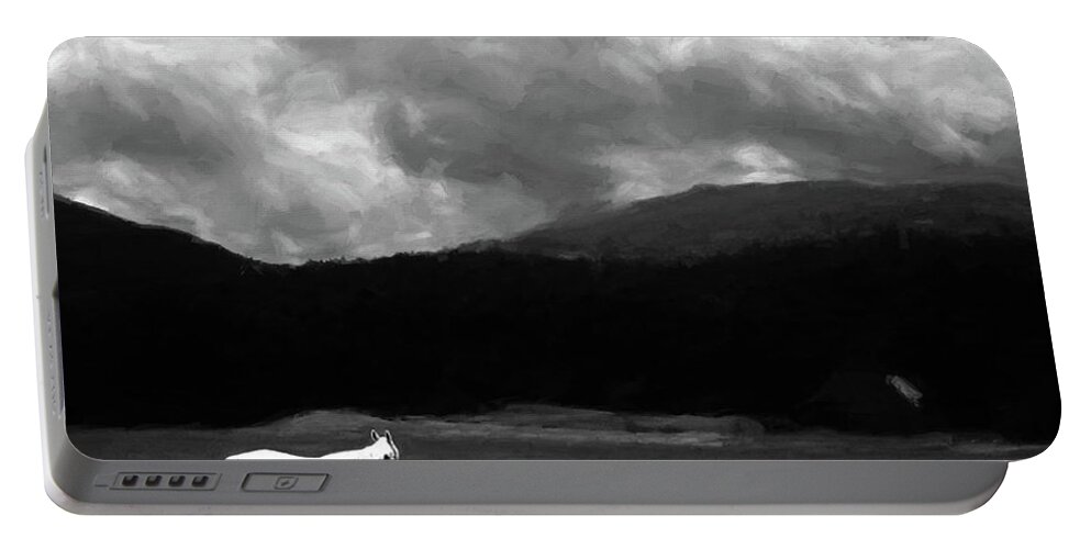 White Portable Battery Charger featuring the photograph White Stallion in a Monochrome Dreamscape by Wayne King
