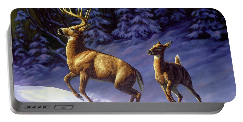 Deer Portable Battery Charger featuring the painting Whitetail Deer Painting - Startled by Crista Forest