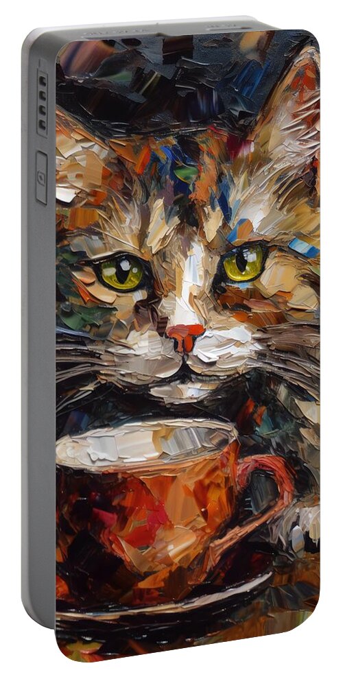 Cat Portable Battery Charger featuring the digital art Who Drank My Coffee by Caito Junqueira