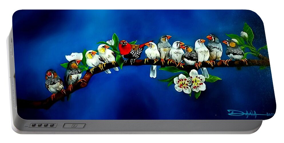 Birds Portable Battery Charger featuring the painting Who's the new guy by Dana Newman