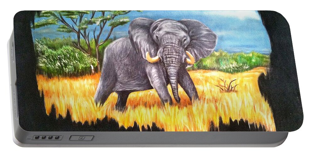 Elephant In It's Habitat Being Watched From A Distance Portable Battery Charger featuring the painting Who's Watching Who? by Ruben Archuleta - Art Gallery