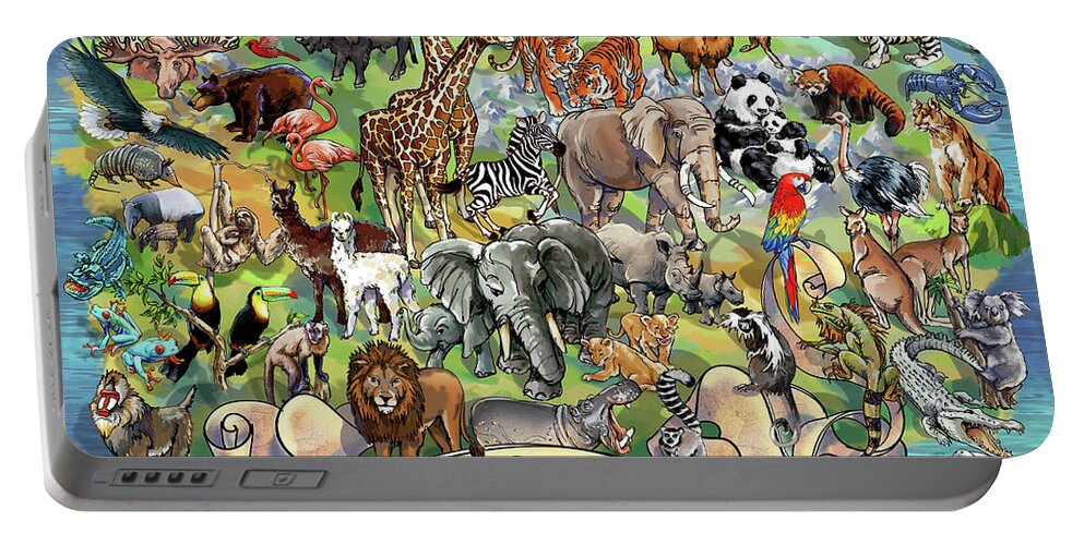 Illustration Portable Battery Charger featuring the digital art Wild and Wonderful Animals of the World by Maria Rabinky
