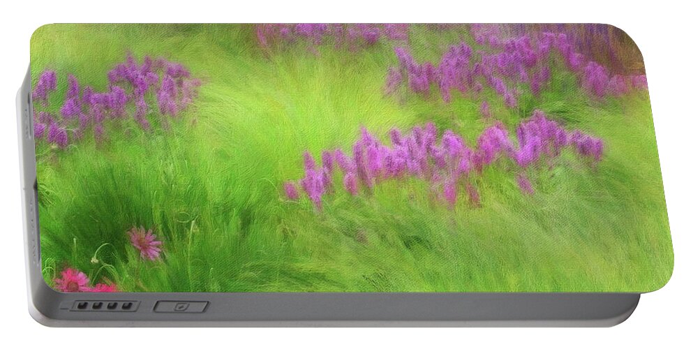 Background Portable Battery Charger featuring the digital art Wild Lilac Spires in Tall Grass by Russ Harris