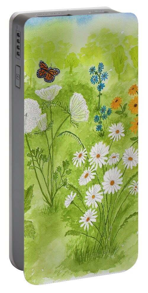 Wildflowers Portable Battery Charger featuring the painting Wildflowers in the Garden by Conni Schaftenaar