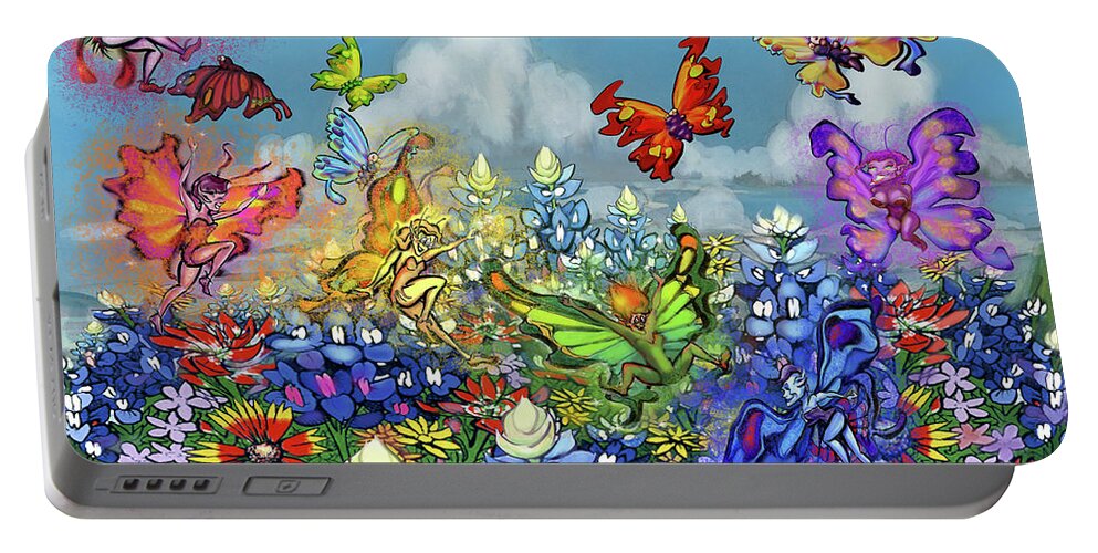 Wildflowers Portable Battery Charger featuring the digital art Wildflowers Pixies Bluebonnets n Butterflies by Kevin Middleton