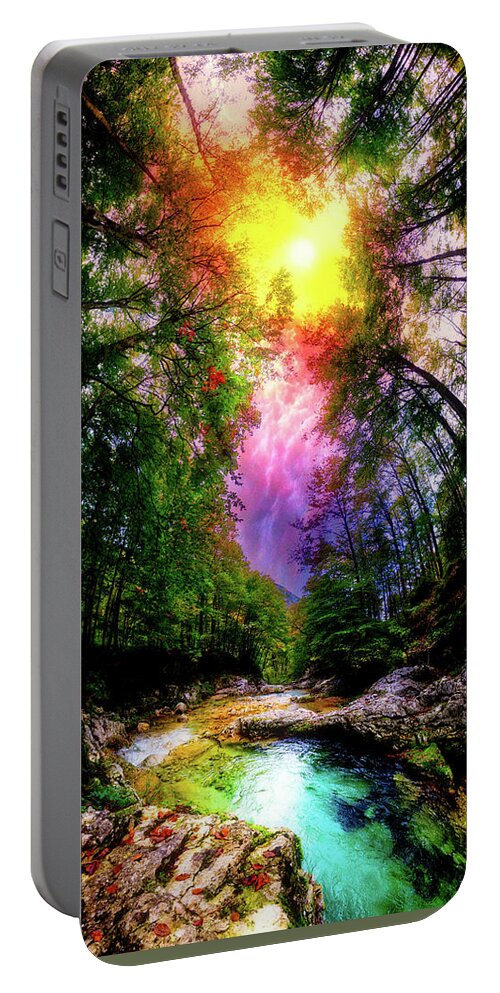 Blue Portable Battery Charger featuring the photograph Winding Blue River Red Forest Sunset by Eszra Tanner