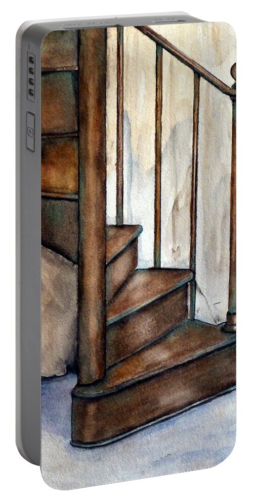 Staircase Portable Battery Charger featuring the mixed media Winding Copper Staircase by Kelly Mills