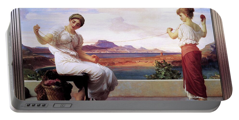 Winding The Skein Portable Battery Charger featuring the painting Winding The Skein by Frederic Leighton by Rolando Burbon